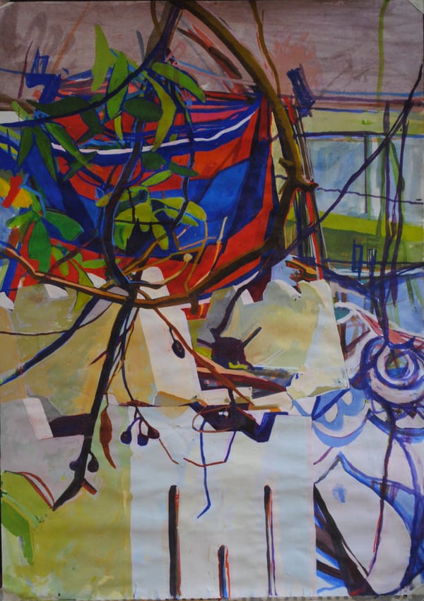 A painting of polystyrene boxes with a bright red and blue scarf in the background.